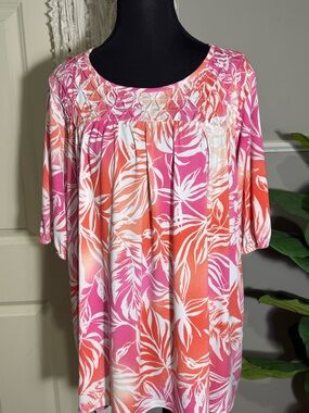 Susan Graver Pink & Orange Tropical Print Blouse